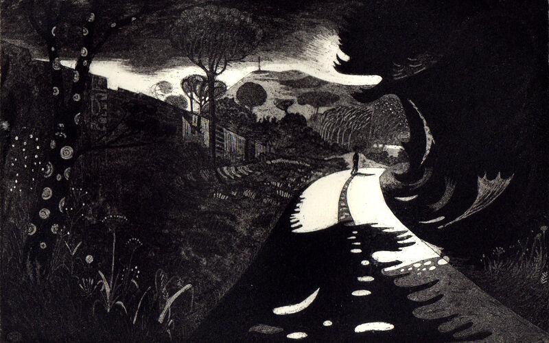 A man walks down a county lane surrounded by hedges and trees with a landscape in the distance