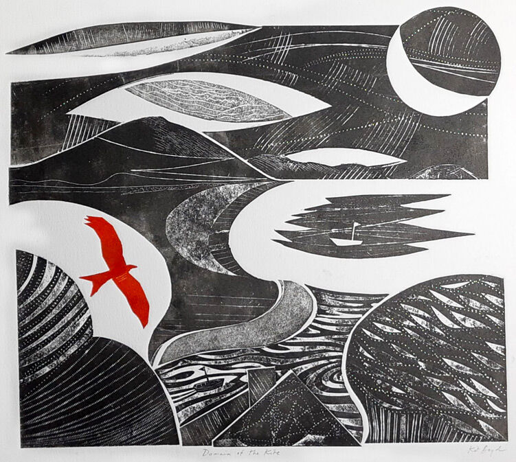 A monochrome view of a coast with a red kite