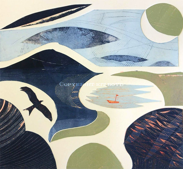 A colour view of a coast with a red kite