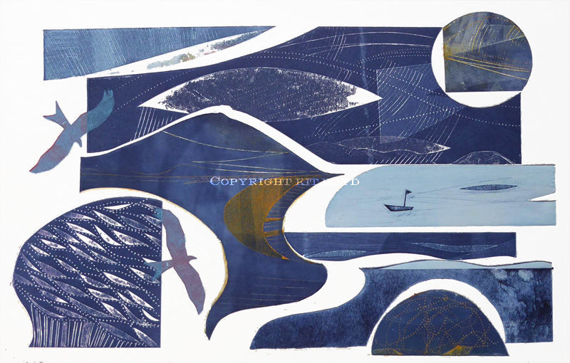 A colour view of a coast with a red kite