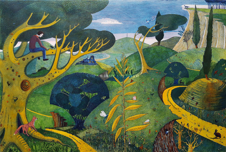 A very colourful landscape of a boy in a tree looking our over a landscape with animals and birds