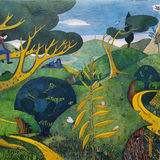 The Tree Climber (hand coloured) A very colourful landscape of a boy in a tree looking our over a landscape with animals and birds