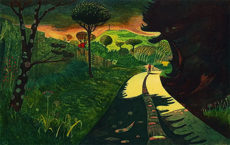 A man walks down a county lane surrounded by hedges and trees with a landscape in the distance