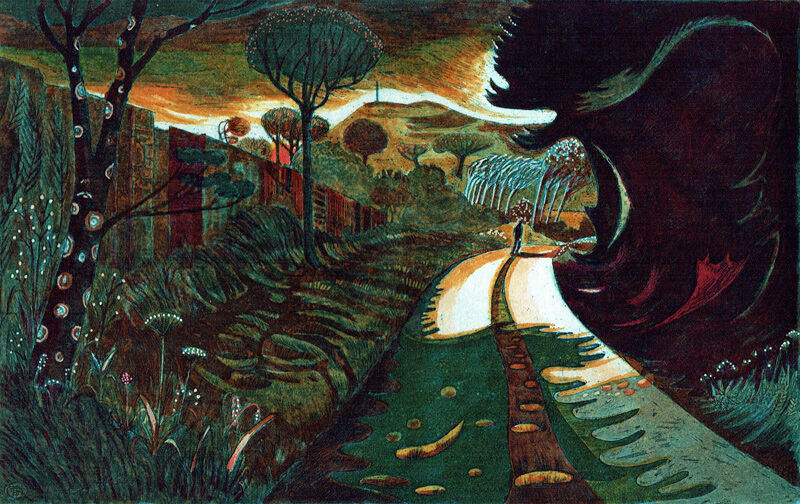 A man walks down a county lane surrounded by hedges and trees with a landscape in the distance