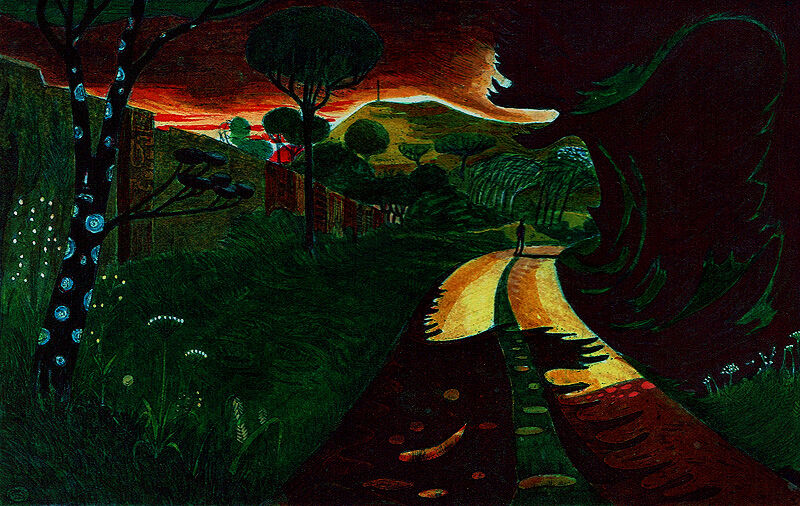 A man walks down a county lane surrounded by hedges and trees with a landscape in the distance