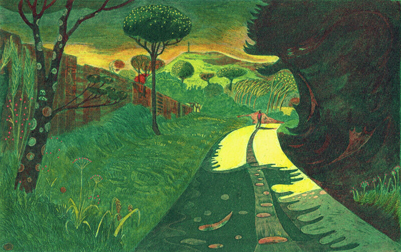 A man walks down a county lane surrounded by hedges and trees with a landscape in the distance