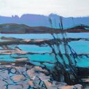 Seashore *SOLD+ Semi abstract acrylic Seashore sea rocky shoreline hills blue green pale warm orange bright sky light small seascape 6x6inches