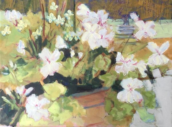 Mediumsize _painting_canvas_flowers_garden_geraniums_white_pot_vibrant_colourful_modern_contemporarystyle_decorative
