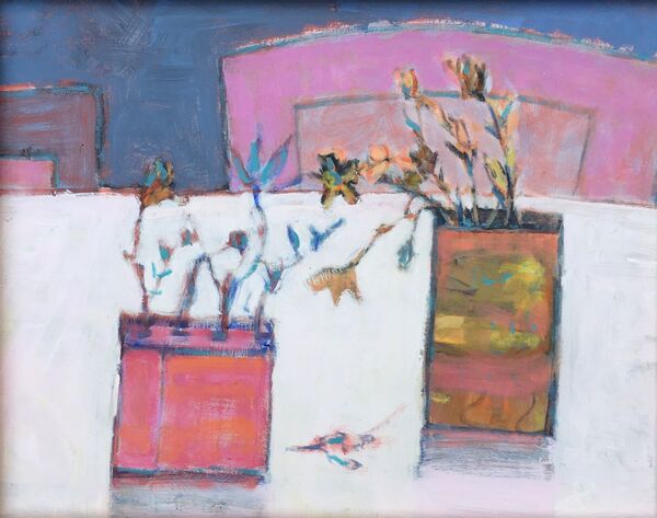 Still life jugs table chairs pinks blues white cream flowers floral vibrant terracotta floral fowers