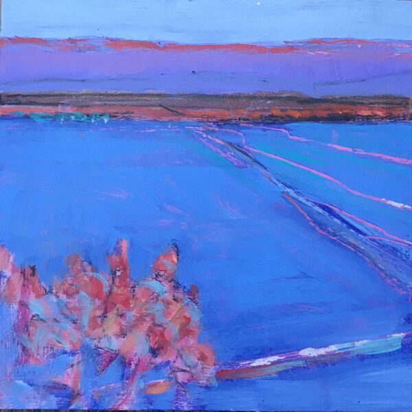 Blue landscape hills flat land pinks mauves ultramarine blue marked tracks small acrylic painting on wood 6x6inches