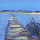 Azure £195 unframed Blue semi abstract landscape road path foliage bright land colourful vibrant dark distance green on horizon with cream peach coloured strip suggesting a shore