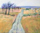 Little Farmstead Trees road little cottages farm buildings hill mountains distance blue gold ochre colourful landscape large original on canvas acrylic