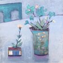 Duet £195 unframed Blue still life table jugs vase floral flowers peachy pale orange calm quiet reflective square panel