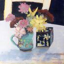 Quiet Time on the Table £195 unframed Flowers floral still life tabletop vibrant colours turquoise jug yellow flowers back decorated box decorative painting small wooden panel ready to hang