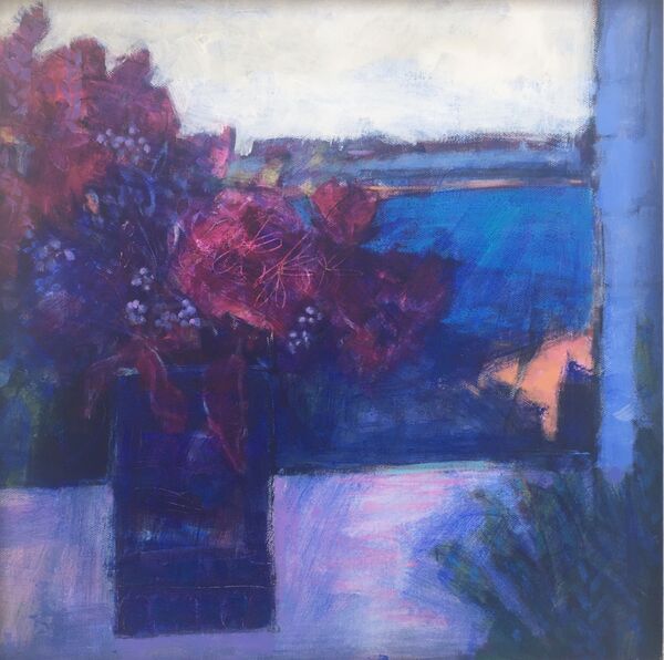 Blue violet vibrant colours with orange landscape and still life in the window acrylic on canvas panel framed