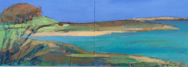 Vibrant blues greens sea cream pink sand beach deep blue sky trees coastline land shore small original Tresco Pentle Bay