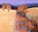 Wild Garden - Track. *SOLD* Scottish landscape warm ochres yellows oranges with lavender. Track and meadow grasses with trees. Violet sky.
