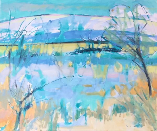 Water_large_painting_canvas_bright_blues_peaches_orange_acquamarine_teal_vibrant_landscape_trees_modern_contemporary