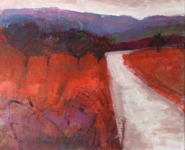 Weather Clearing. 18x15inches unframed red landscape original canvas Scottish Glens landscape vibrant colours road hills trees