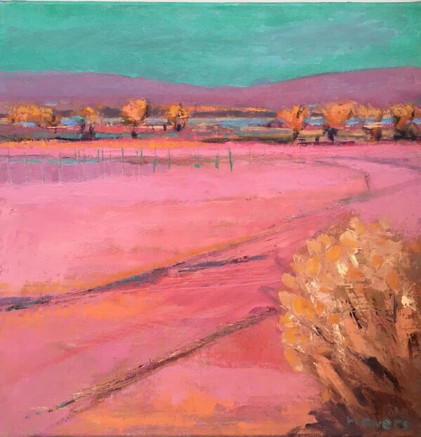 Pink landscape with green sky gold yellow trees blue green water