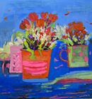 Blue and orange colours still life with flowers in two pots