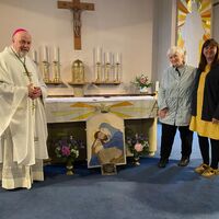 Blessing ceremony with the Rt Revd Marcus Stock, Bishop of Leeds, St Aelred's RC Church mosaic commission Sue Kershaw