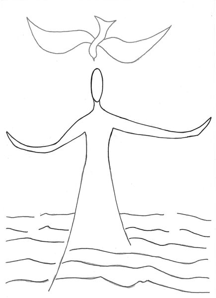 Christian Art, Baptism of Christ, a line drawing by mosaic artist Sue Kershaw