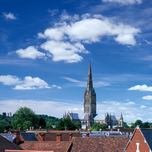 Salisbury Cathedral and city rooftops