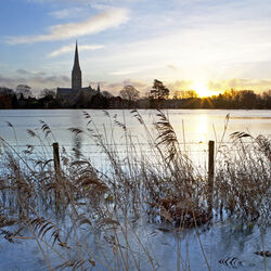 Flooded water meadowns at sunrise, Salisbury Cathedral