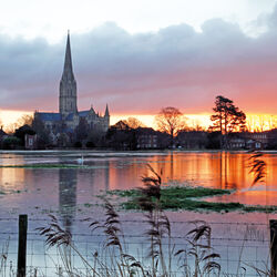 Flooded water meadows at sunrise
