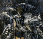 "Boy with Pigeons" mixed media on paper 36cm x 39cm , 1981