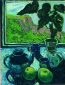 "Still life with Plant and Cave Hill" , acrylic on paper, 16 x 12 inches, 1997