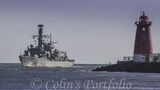 British Frigate "HMS Portland - F79" passing the Poolbeg Lighthouse on arrival into Dublin Port