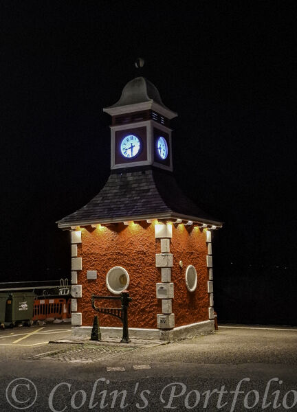 The Clock Tower (1880c) on the promenade, Knight's Town, photographed at night.