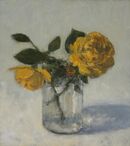 'Yellow roses in a glass'.  Oil on board. 25x23cm
