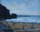 61. 'Surfers and Dog walkers, Watergate Bay' Oil 20x25cm