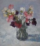 'Sweet Peas in a glass jar'. Oil 26x30cm