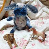 This little dog is from a Tiny Friends pattern by Tomomi Mimura. The body of the dog is hand sewn with a range of naturally dyed yarns. He/she is one of a kind.