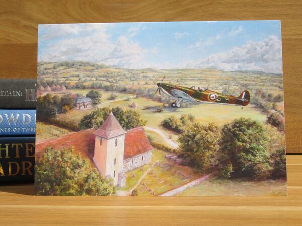'Forward Slip Home' - Spitfire of F/Lt. J.D. Urie, 602 Squadron, Westhampnett, 1940. (AV16) Painting of a damaged Spitfire flying low over Westhampnett Church, on its way in to a forced landing at Goodwood Airfield.