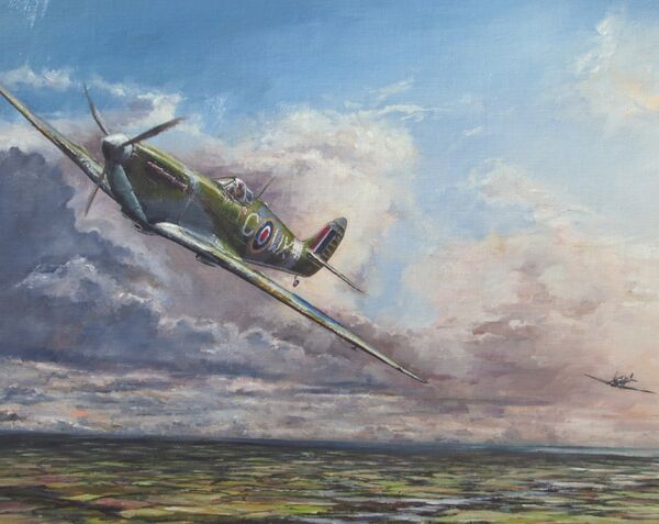 ‘Return to Coltishall’ - Spitfire MkV of Sgt. Wladyslaw Gretkierewicz, 302 Squadron, 1943. (AV31) Painting of two Mark V Spitfires, flying low over the Norfolk Braods