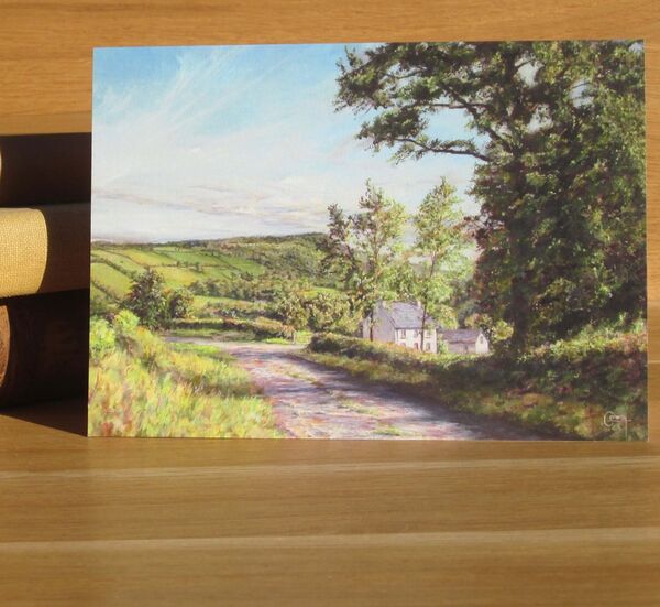'Farmhouse, Late Afternoon' - Talley, Carmarthenshire. (L1) Painting of a welsh farmhouse beside a lane.
