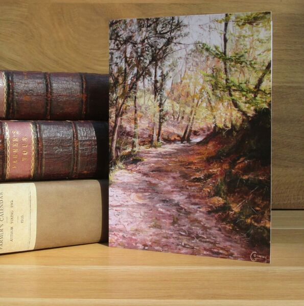 'Glimpse of the Ford Ahead' - Llansawel, Carmarthenshire. (L10) Painting of view down a wooded lane with a ford crossing the stream ahead.