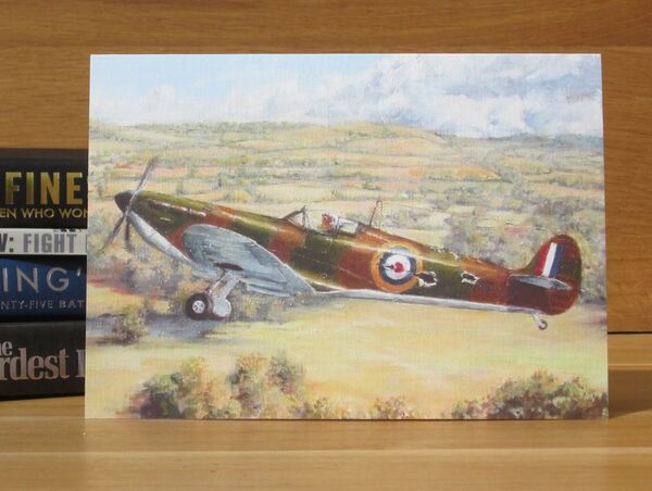 Detail - 'Forward Slip Home' - Spitfire of F/Lt. J.D. Urie, 602 Squadron, Westhampnett, 1940. (AV30) Painting of a damaged Spitfire flying low on its way in to a forced landing at Goodwood Airfield.