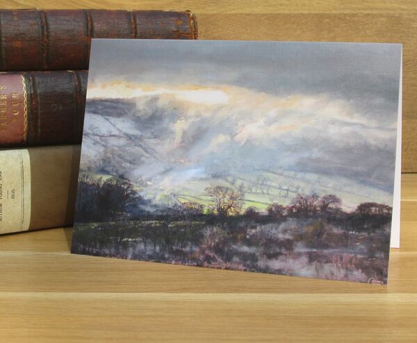 'The Distant Farmstead' - Talley, Carmarthenshire. (L8) Painting of sunlight shing through cloud over a wintery landscape.