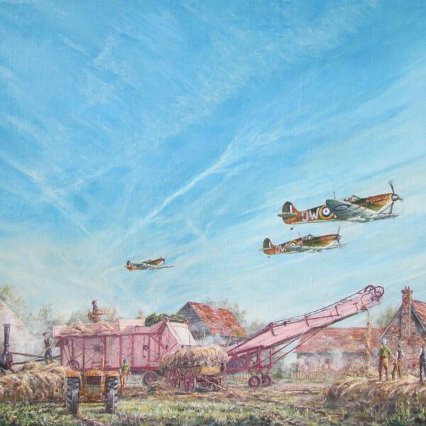 Painting of three Spitfires taking off over a harvest threshing scene.