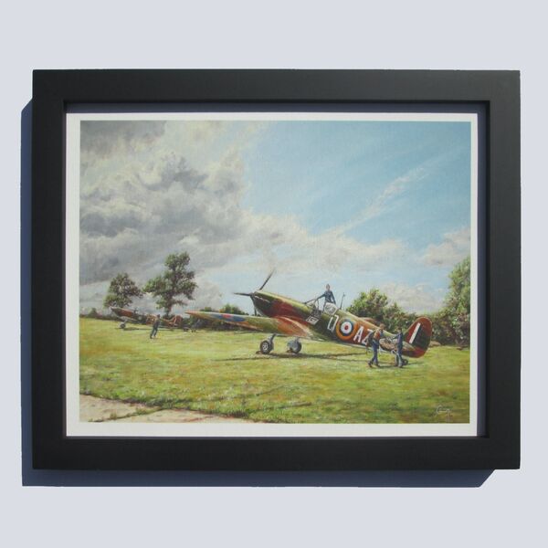 Painting of Bob Doe and Pat Hughes running to their Spitfires, with ground crew ready to assist