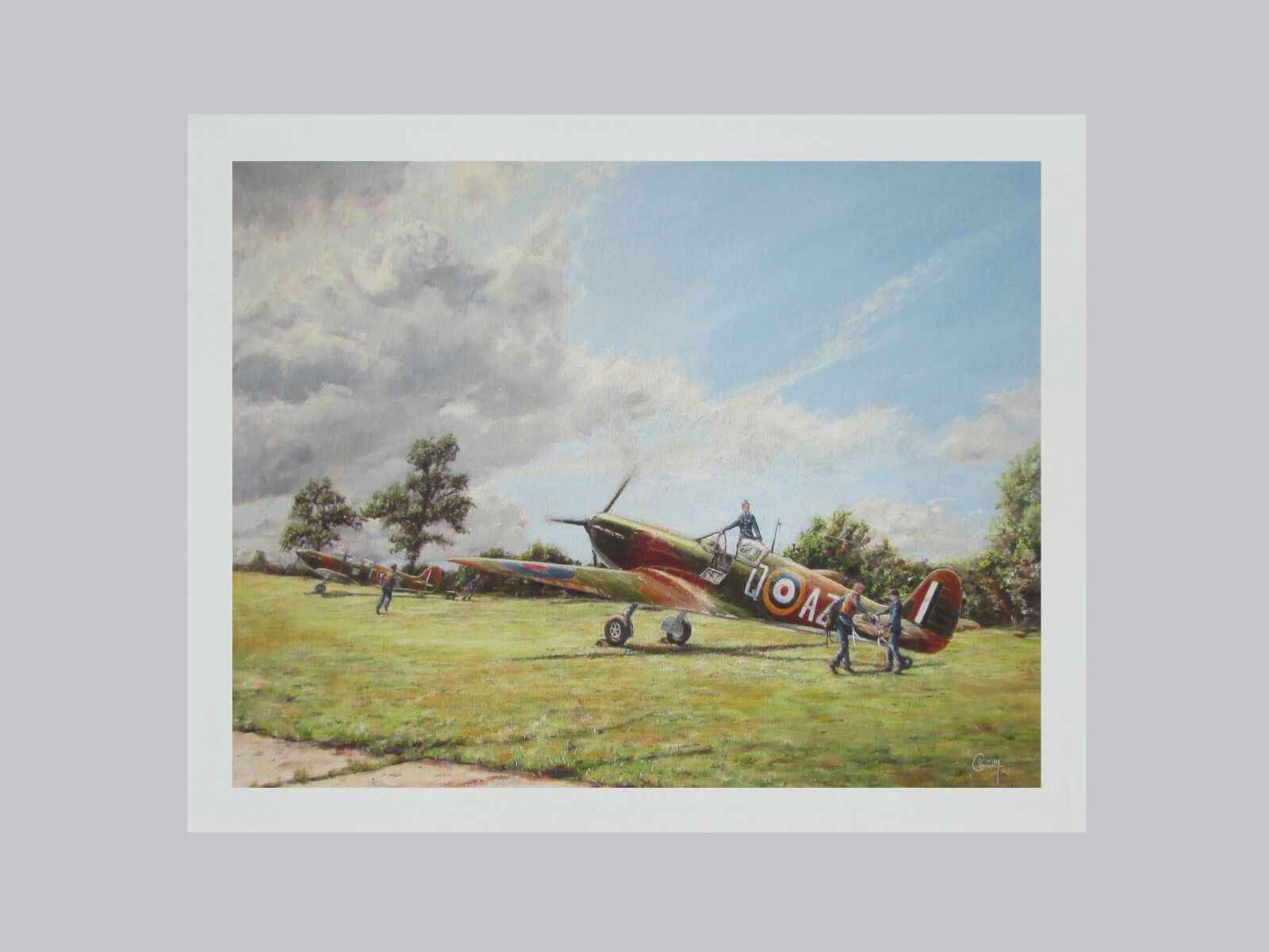 Painting of Bob Doe and Pat Hughes running to their Spitfires, with ground crew ready to assist