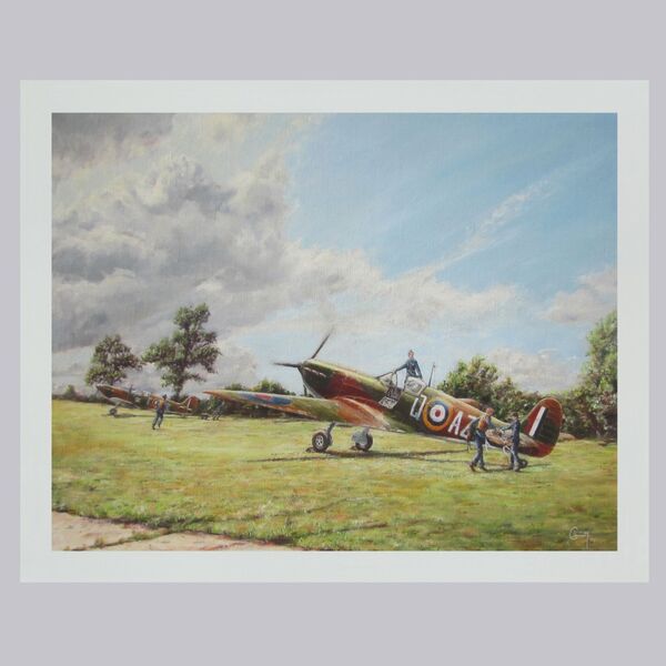 Painting of Bob Doe and Pat Hughes running to their Spitfires, with ground crew ready to assist