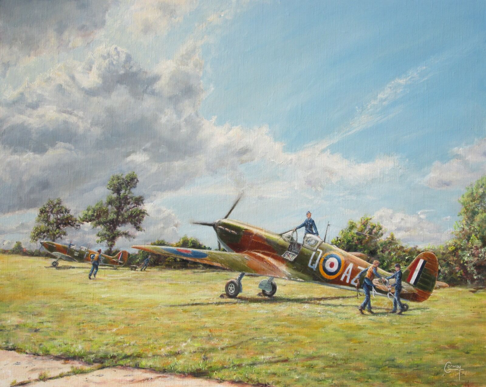 Painting of Bob Doe and Pat Hughes running to their Spitfires, with ground crew ready to assist
