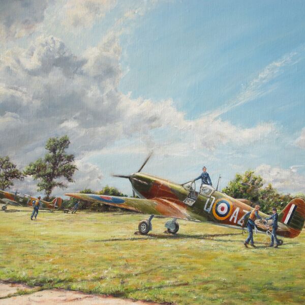 Painting of Bob Doe and Pat Hughes running to their Spitfires, with ground crew ready to assist